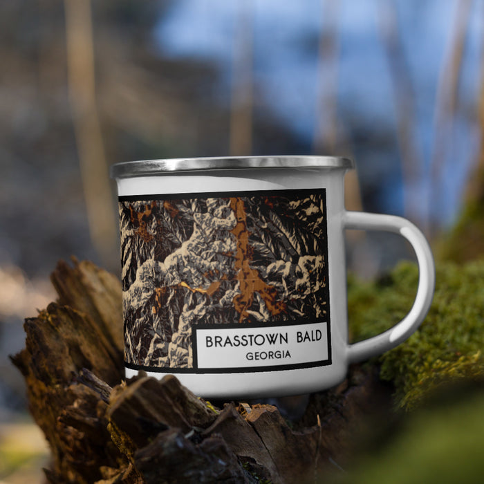 Right View Custom Brasstown Bald Georgia Map Enamel Mug in Ember on Grass With Trees in Background