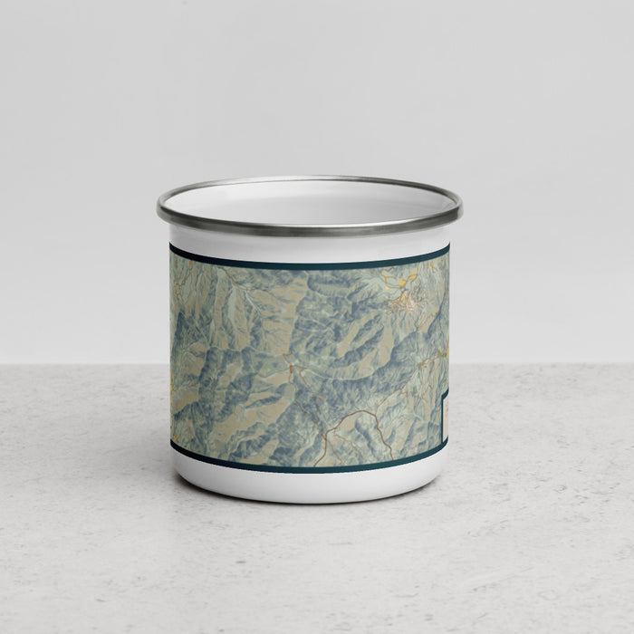 Front View Custom Brasstown Bald Georgia Map Enamel Mug in Woodblock