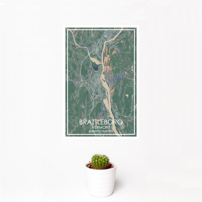 12x18 Brattleboro Vermont Map Print Portrait Orientation in Afternoon Style With Small Cactus Plant in White Planter
