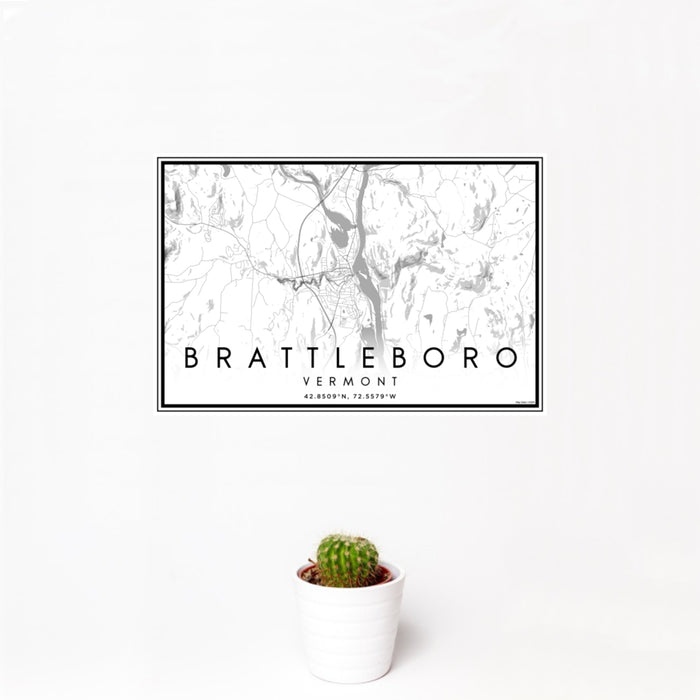 12x18 Brattleboro Vermont Map Print Landscape Orientation in Classic Style With Small Cactus Plant in White Planter