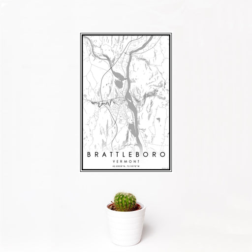 12x18 Brattleboro Vermont Map Print Portrait Orientation in Classic Style With Small Cactus Plant in White Planter