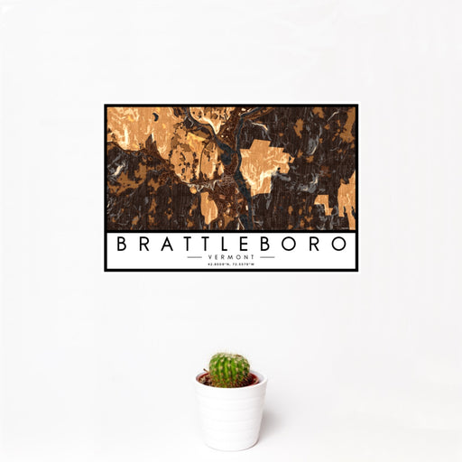 12x18 Brattleboro Vermont Map Print Landscape Orientation in Ember Style With Small Cactus Plant in White Planter