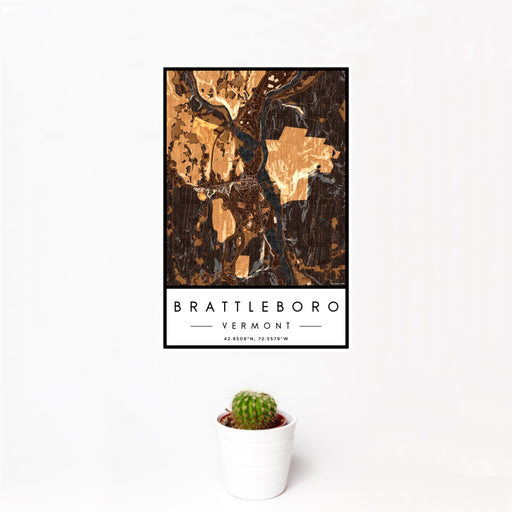 12x18 Brattleboro Vermont Map Print Portrait Orientation in Ember Style With Small Cactus Plant in White Planter