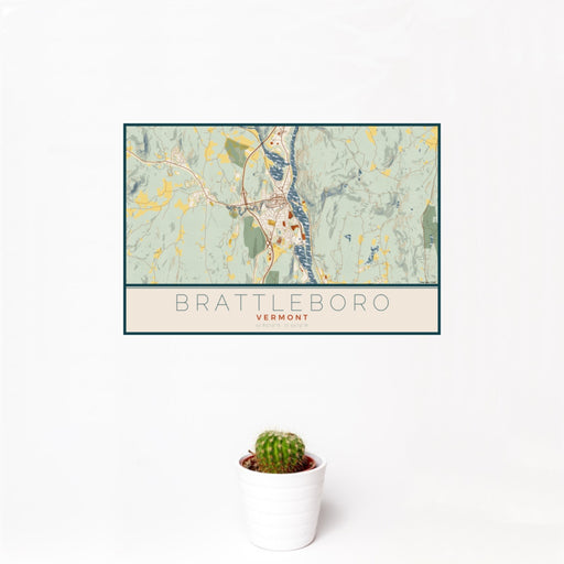 12x18 Brattleboro Vermont Map Print Landscape Orientation in Woodblock Style With Small Cactus Plant in White Planter