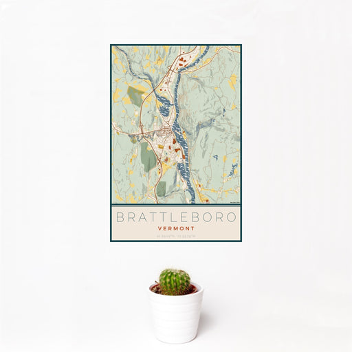 12x18 Brattleboro Vermont Map Print Portrait Orientation in Woodblock Style With Small Cactus Plant in White Planter