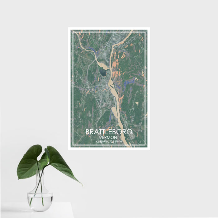 16x24 Brattleboro Vermont Map Print Portrait Orientation in Afternoon Style With Tropical Plant Leaves in Water