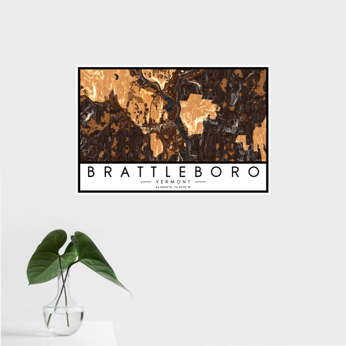 16x24 Brattleboro Vermont Map Print Landscape Orientation in Ember Style With Tropical Plant Leaves in Water