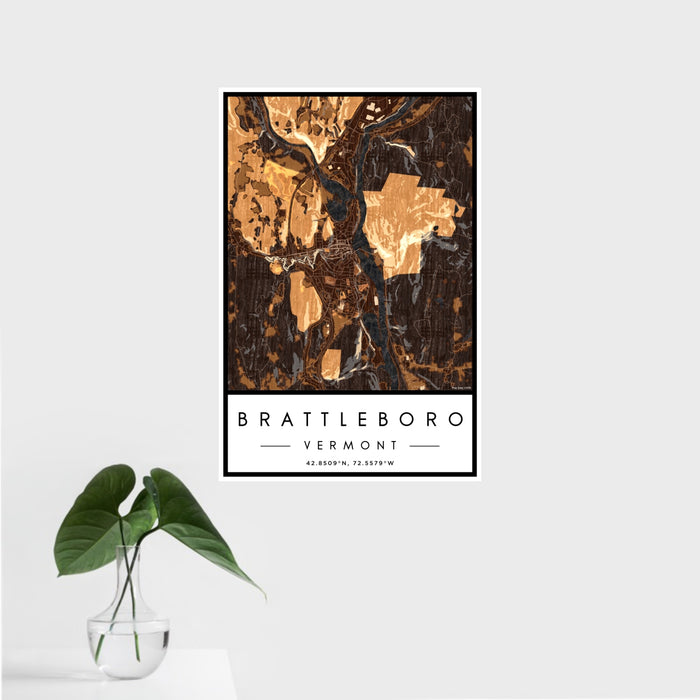 16x24 Brattleboro Vermont Map Print Portrait Orientation in Ember Style With Tropical Plant Leaves in Water