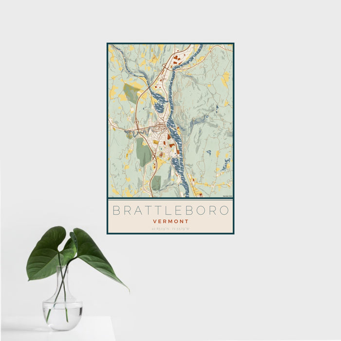 16x24 Brattleboro Vermont Map Print Portrait Orientation in Woodblock Style With Tropical Plant Leaves in Water