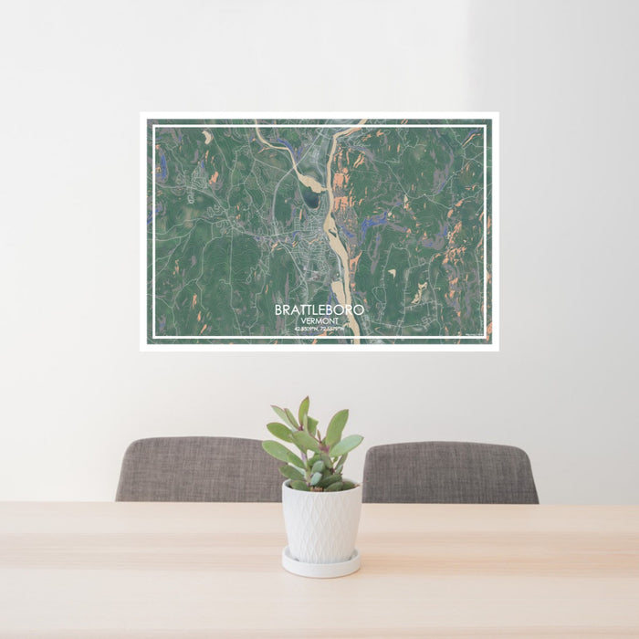 24x36 Brattleboro Vermont Map Print Lanscape Orientation in Afternoon Style Behind 2 Chairs Table and Potted Plant