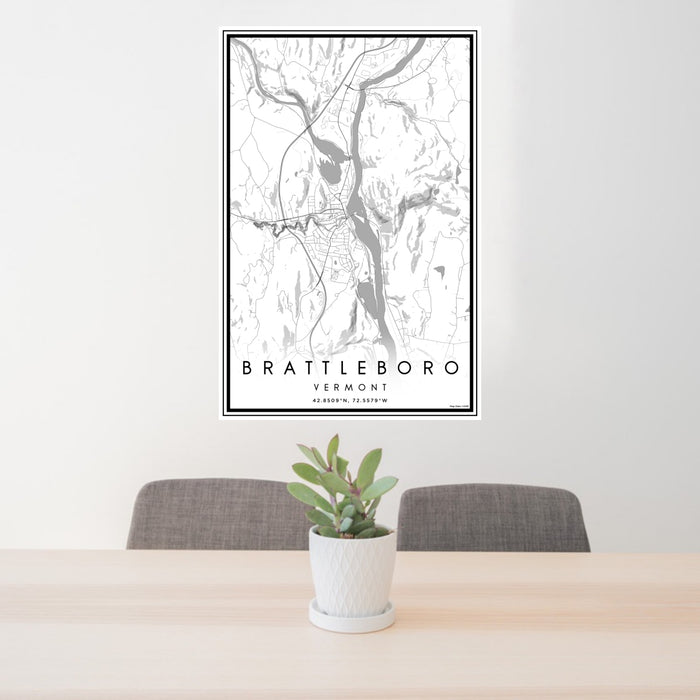 24x36 Brattleboro Vermont Map Print Portrait Orientation in Classic Style Behind 2 Chairs Table and Potted Plant