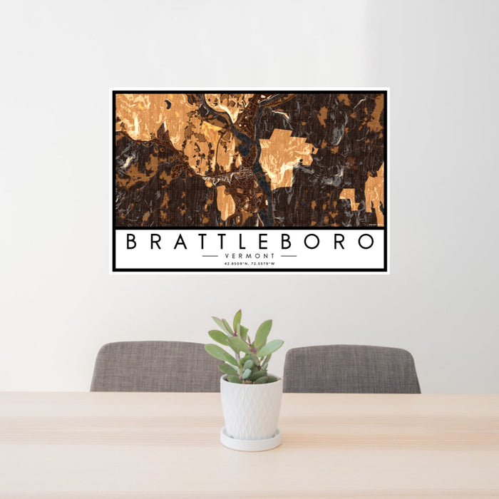 24x36 Brattleboro Vermont Map Print Lanscape Orientation in Ember Style Behind 2 Chairs Table and Potted Plant