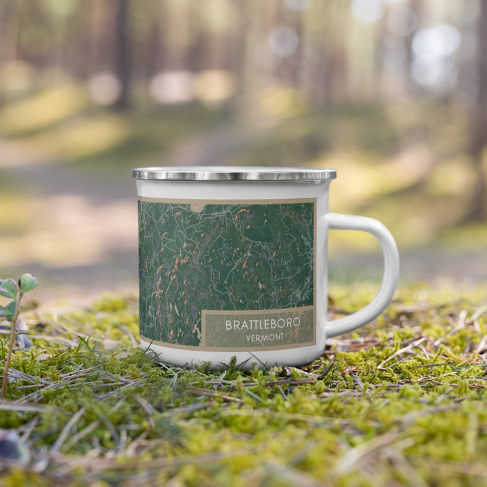 Right View Custom Brattleboro Vermont Map Enamel Mug in Afternoon on Grass With Trees in Background