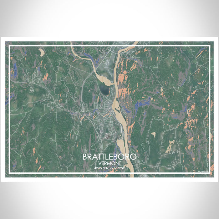 Brattleboro Vermont Map Print Landscape Orientation in Afternoon Style With Shaded Background