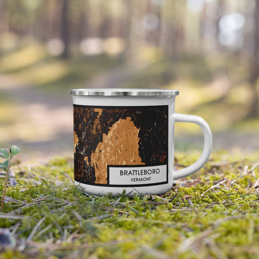 Right View Custom Brattleboro Vermont Map Enamel Mug in Ember on Grass With Trees in Background