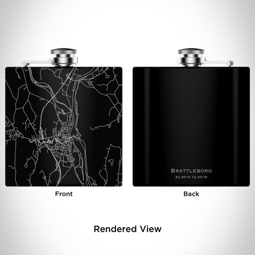 Rendered View of Brattleboro Vermont Map Engraving on 6oz Stainless Steel Flask in Black