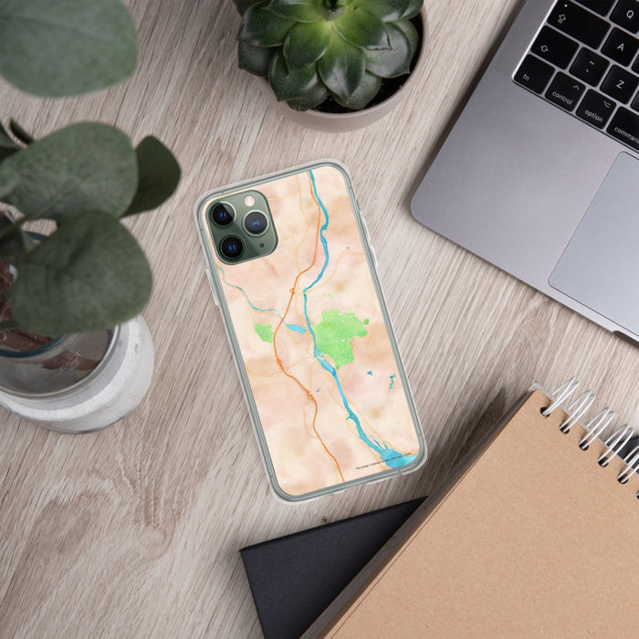 Custom Brattleboro Vermont Map Phone Case in Watercolor on Table with Laptop and Plant