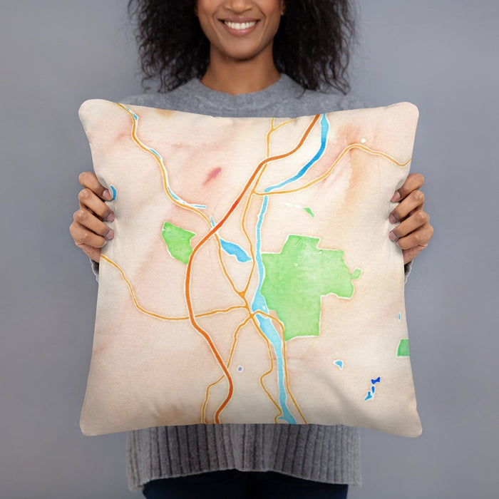 Person holding 18x18 Custom Brattleboro Vermont Map Throw Pillow in Watercolor