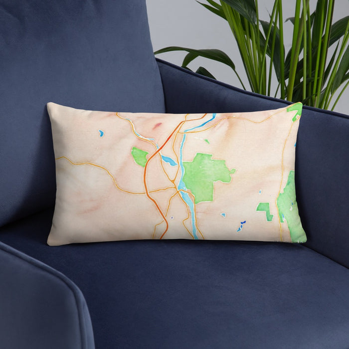 Custom Brattleboro Vermont Map Throw Pillow in Watercolor on Blue Colored Chair