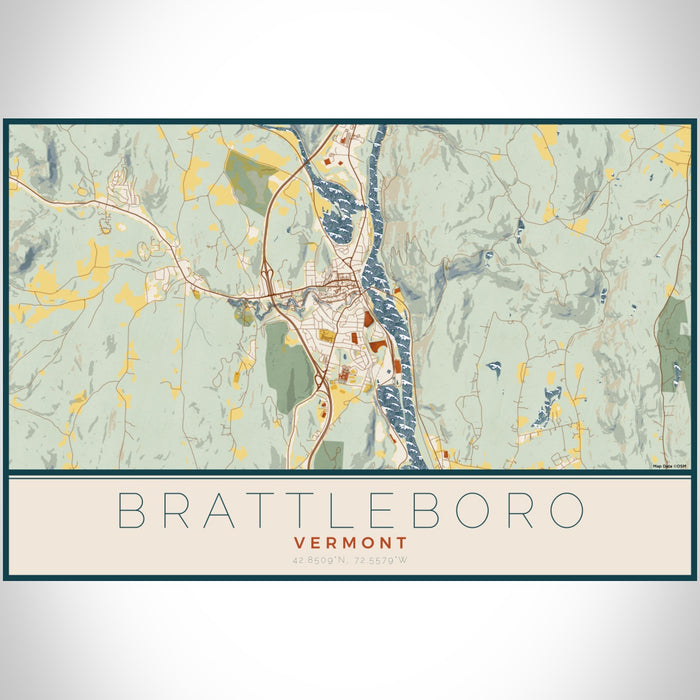 Brattleboro Vermont Map Print Landscape Orientation in Woodblock Style With Shaded Background