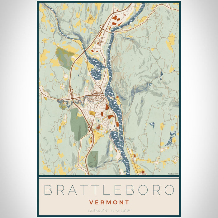 Brattleboro Vermont Map Print Portrait Orientation in Woodblock Style With Shaded Background