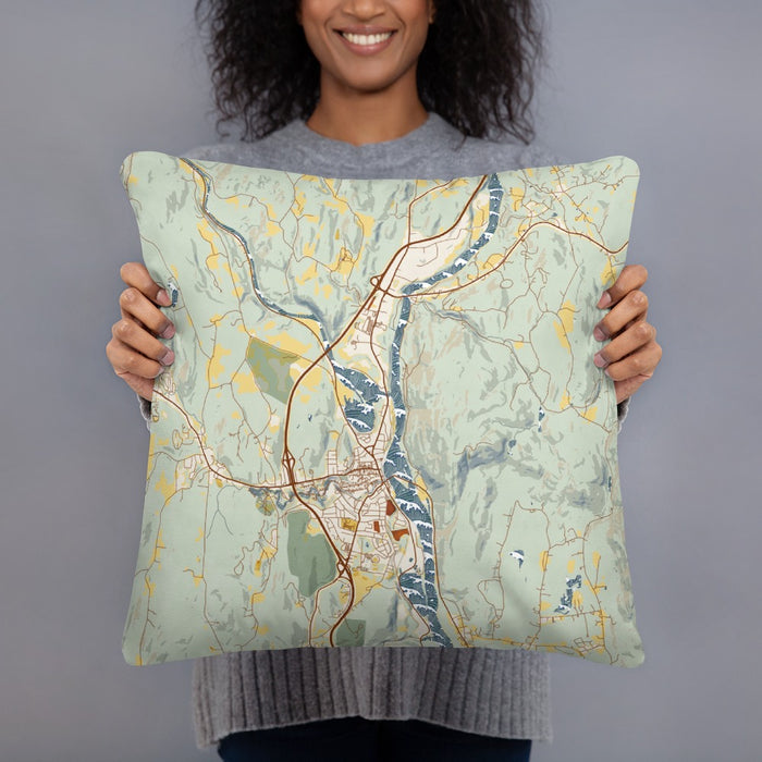 Person holding 18x18 Custom Brattleboro Vermont Map Throw Pillow in Woodblock