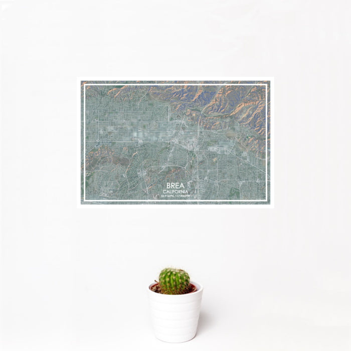 12x18 Brea California Map Print Landscape Orientation in Afternoon Style With Small Cactus Plant in White Planter