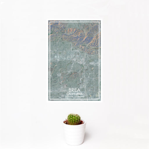 12x18 Brea California Map Print Portrait Orientation in Afternoon Style With Small Cactus Plant in White Planter