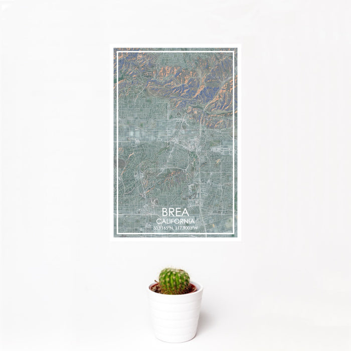 12x18 Brea California Map Print Portrait Orientation in Afternoon Style With Small Cactus Plant in White Planter