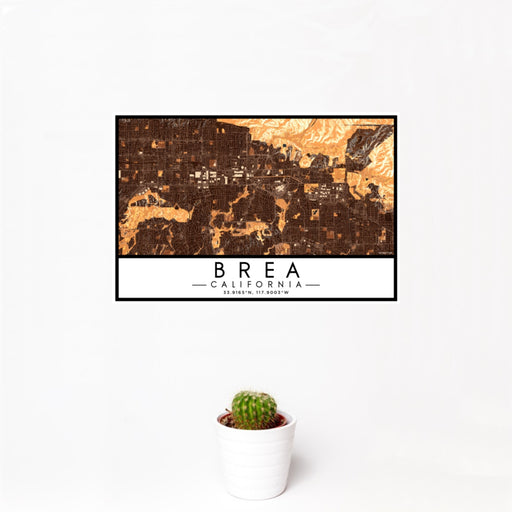12x18 Brea California Map Print Landscape Orientation in Ember Style With Small Cactus Plant in White Planter