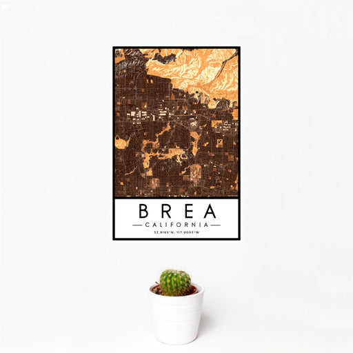 12x18 Brea California Map Print Portrait Orientation in Ember Style With Small Cactus Plant in White Planter