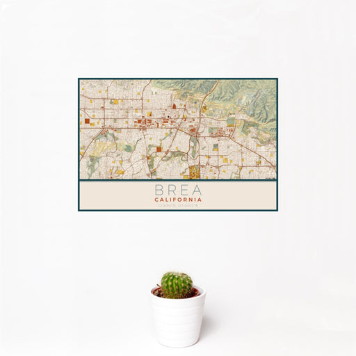 12x18 Brea California Map Print Landscape Orientation in Woodblock Style With Small Cactus Plant in White Planter