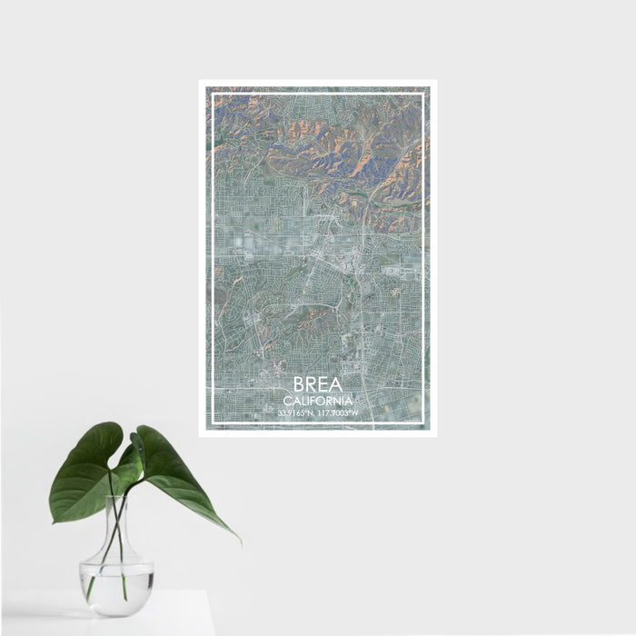 16x24 Brea California Map Print Portrait Orientation in Afternoon Style With Tropical Plant Leaves in Water
