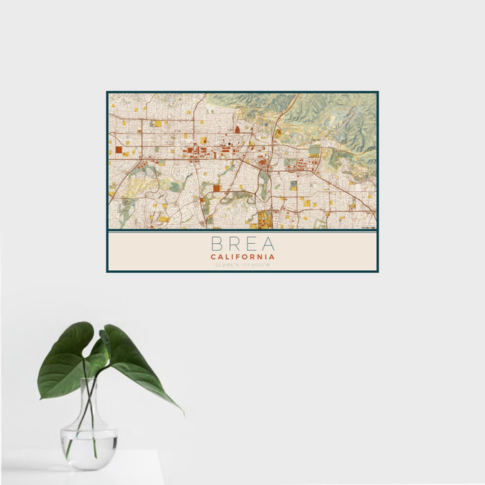 16x24 Brea California Map Print Landscape Orientation in Woodblock Style With Tropical Plant Leaves in Water