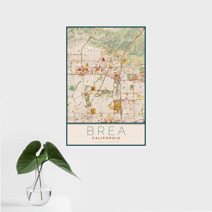 16x24 Brea California Map Print Portrait Orientation in Woodblock Style With Tropical Plant Leaves in Water