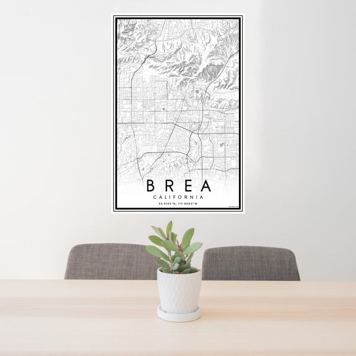 24x36 Brea California Map Print Portrait Orientation in Classic Style Behind 2 Chairs Table and Potted Plant