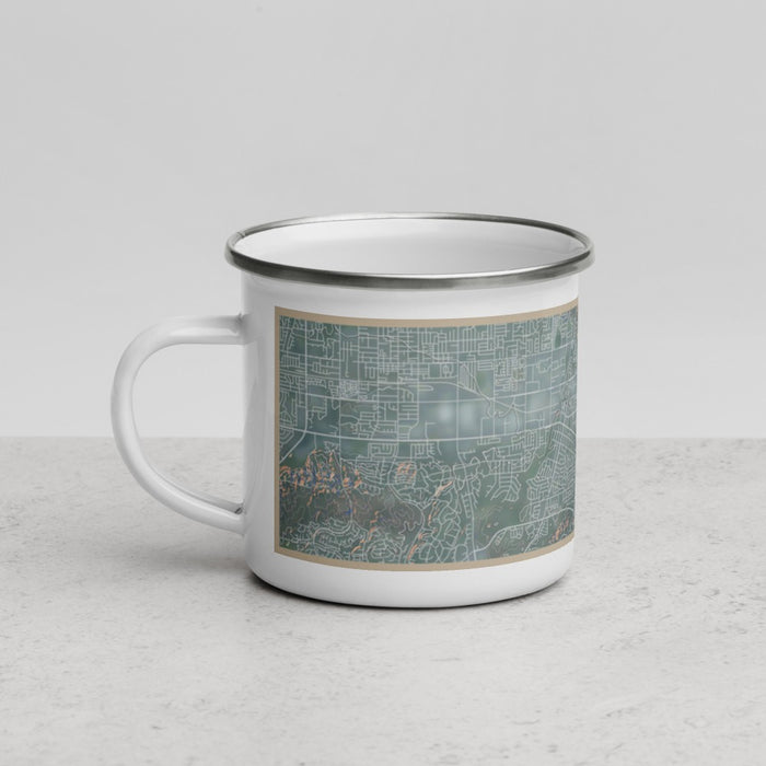 Left View Custom Brea California Map Enamel Mug in Afternoon