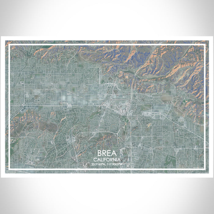 Brea California Map Print Landscape Orientation in Afternoon Style With Shaded Background