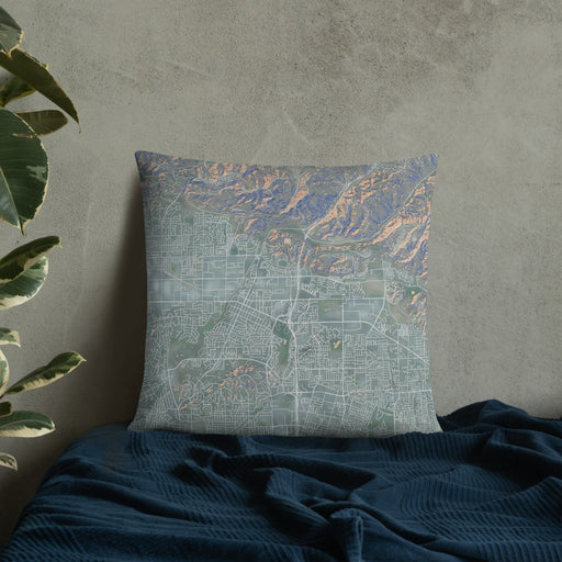 Custom Brea California Map Throw Pillow in Afternoon on Bedding Against Wall