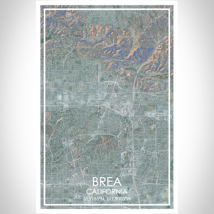 Brea California Map Print Portrait Orientation in Afternoon Style With Shaded Background