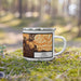 Right View Custom Brea California Map Enamel Mug in Ember on Grass With Trees in Background