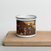 Front View Custom Brea California Map Enamel Mug in Ember on Cutting Board