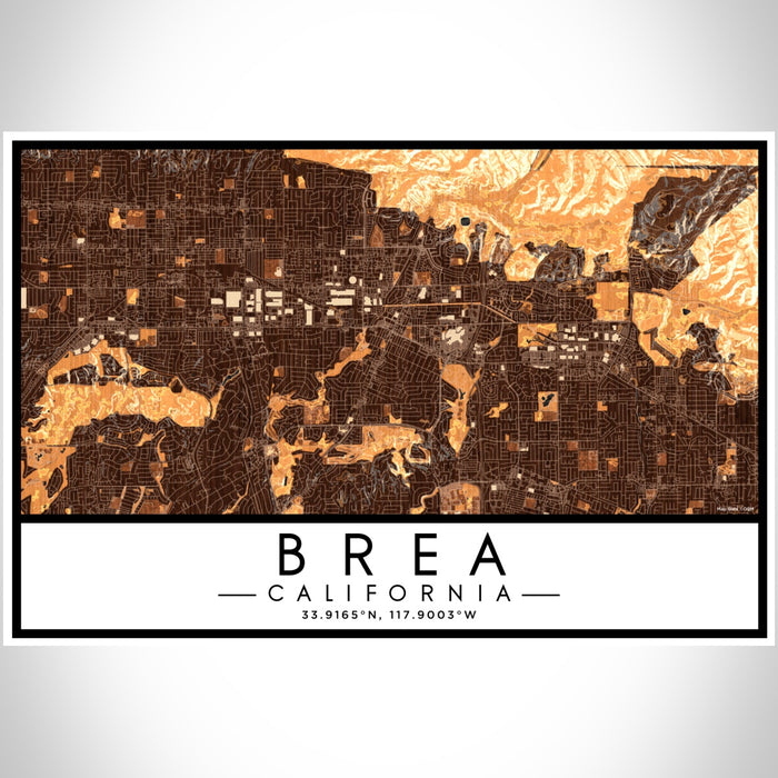Brea California Map Print Landscape Orientation in Ember Style With Shaded Background