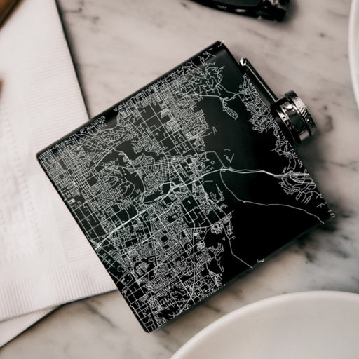 Brea California Custom Engraved City Map Inscription Coordinates on 6oz Stainless Steel Flask in Black