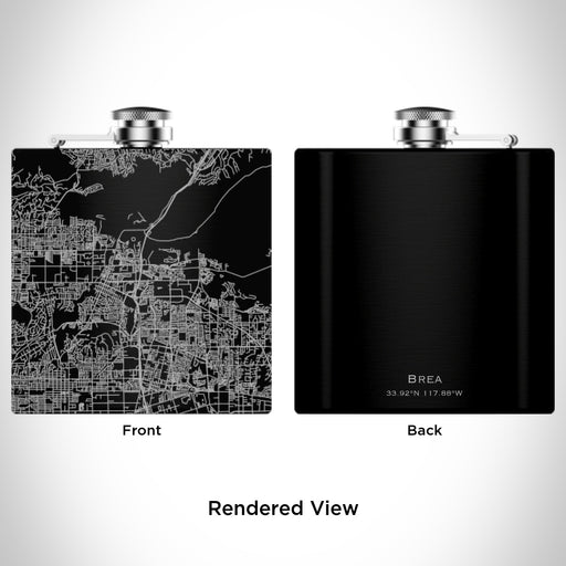 Rendered View of Brea California Map Engraving on 6oz Stainless Steel Flask in Black