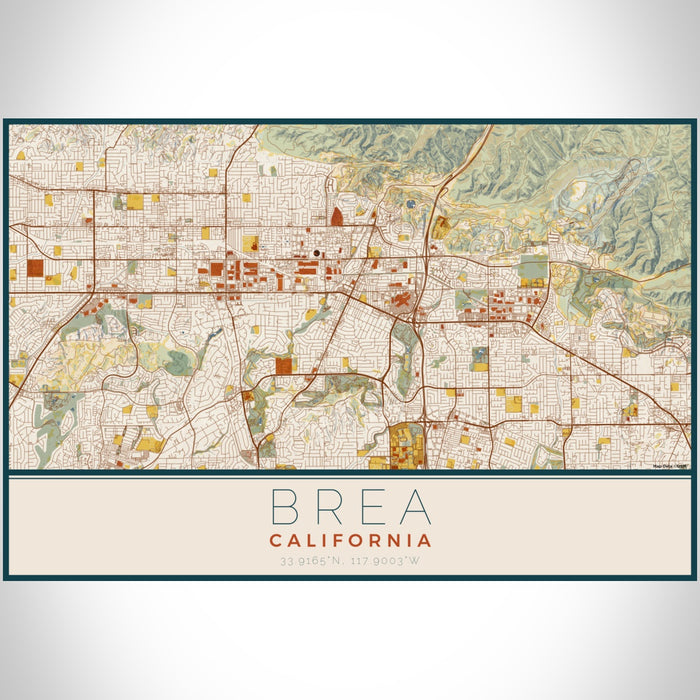 Brea California Map Print Landscape Orientation in Woodblock Style With Shaded Background