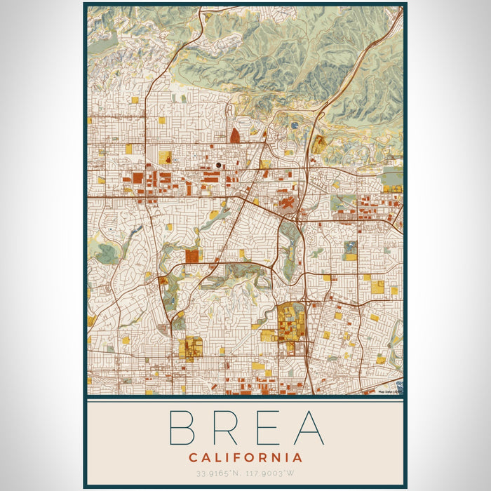 Brea California Map Print Portrait Orientation in Woodblock Style With Shaded Background