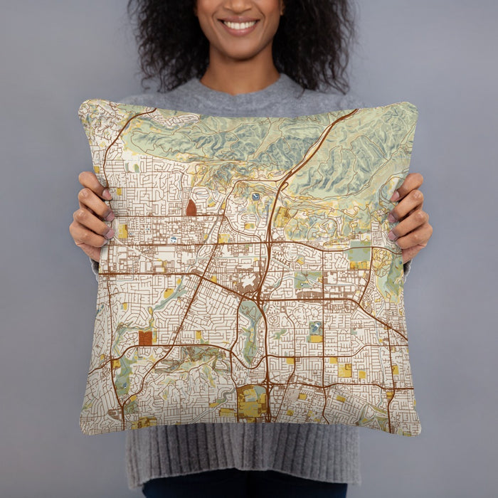 Person holding 18x18 Custom Brea California Map Throw Pillow in Woodblock