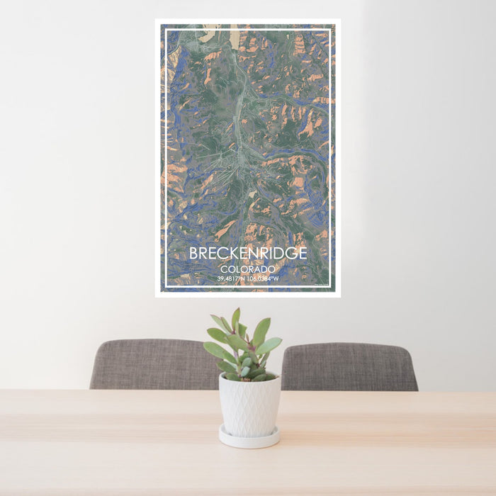 24x36 Breckenridge Colorado Map Print Portrait Orientation in Afternoon Style Behind 2 Chairs Table and Potted Plant