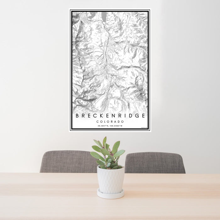 24x36 Breckenridge Colorado Map Print Portrait Orientation in Classic Style Behind 2 Chairs Table and Potted Plant